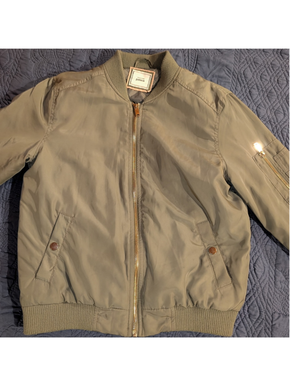 Pimkie Women’s M Olive Khaki Bomber Jacket Gold Zip Utility Y2K